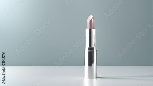 3D Futuristic Silver Lipstick Isolated on Clean Pastel Background. Makeup Cosmetic Product Mockup Banner Illustration.
