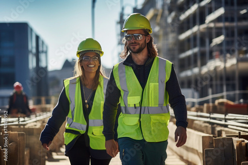 Male and female construction worker walking on a construction site. photo