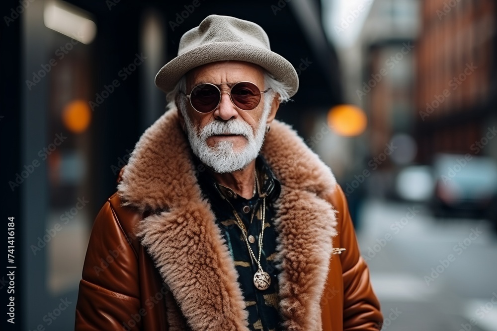 Portrait of an old man with a gray beard and mustache in a brown coat on the street