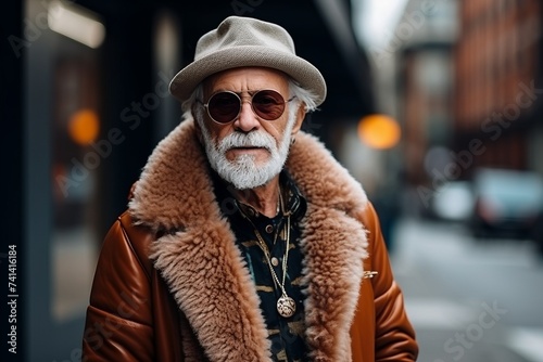 Portrait of an old man with a gray beard and mustache in a brown coat on the street © Nerea