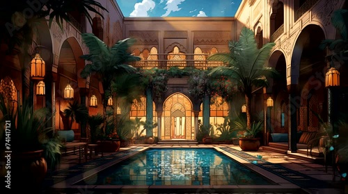A traditional Moroccan riad with ornate tilework and lush courtyard gardens. Fantasy landscape anime or cartoon style, seamless looping 4k time-lapse virtual video animation background photo