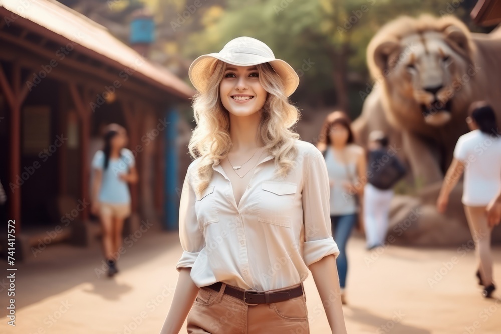 beautiful young woman in hat with lion on background of safari
