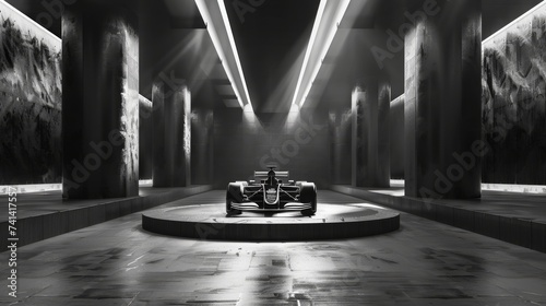 black and white image of a classic race car displayed on a podium in a dimly lit tunnel