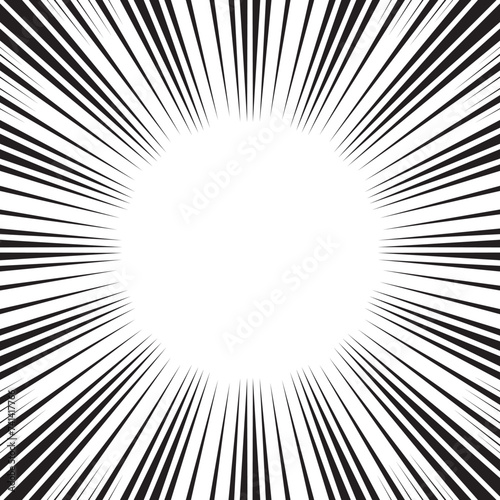 Background of radial lines for comic books. Manga speed ray. Superhero action, explosion background for various purpose. Black and white vector illustration