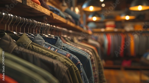 Fashionable clothing display in a boutique with soft focus background photo