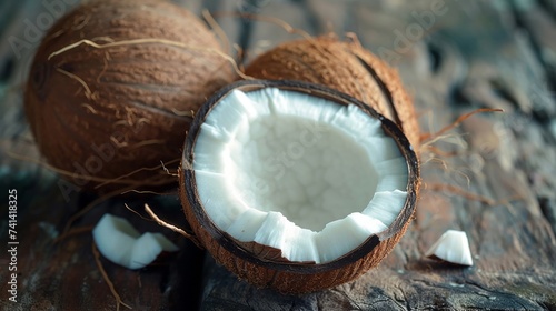 Fresh coconut split open, tropical essence on rustic wood photo