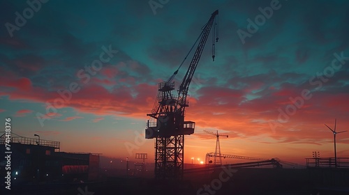 Industrial silhouette of a crane against the backdrop of dawn or dusk