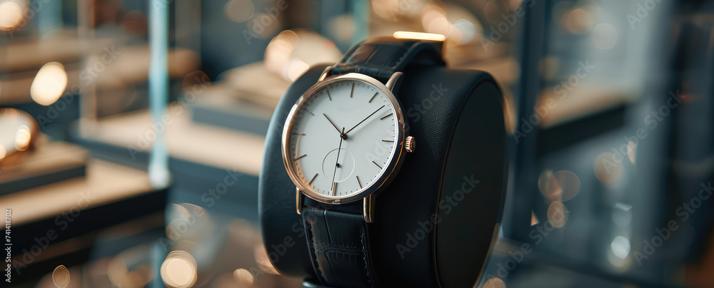 Elegant Minimalist Watches in Display Case. Close-up of luxury minimal style wristwatches with leather straps showcased in a jewelry organizer. - obrazy, fototapety, plakaty 