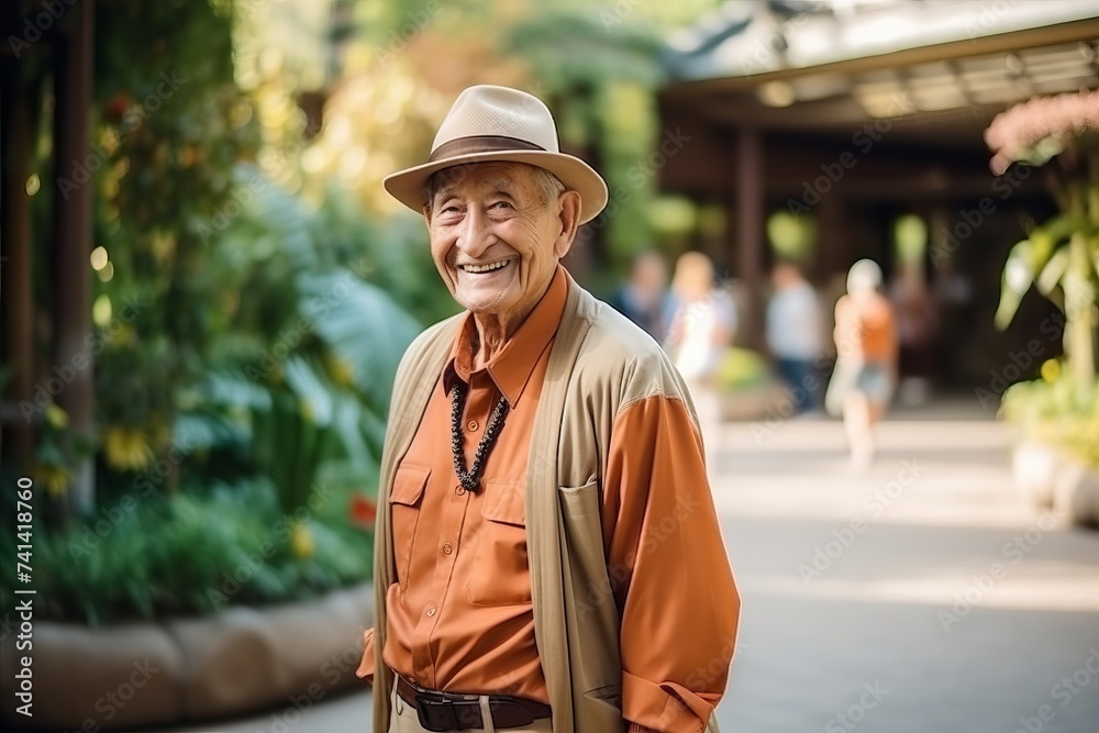 Portrait of an elderly man in a hat walking in the park