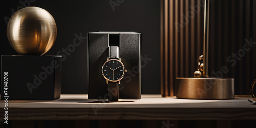 Elegant black Minimalist Watches in Display Case. Close-up of luxury minimal style wristwatches with leather straps showcased in a jewelry organizer.