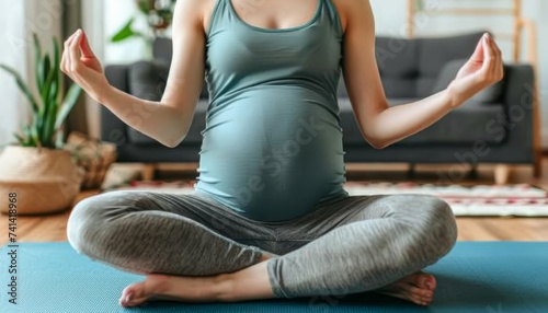 Pregnant woman sitting on yoga mat at home, relaxing and serene, with space for text placement