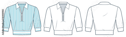 Polo Shirt technical fashion illustration, striped design. Crop Top fashion flat technical drawing template, half sleeve, half zipper, front, back view, white, blue, women, men, unisex CAD mockup set.