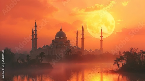 Golden hour over mosque capturing Ramadan spirit