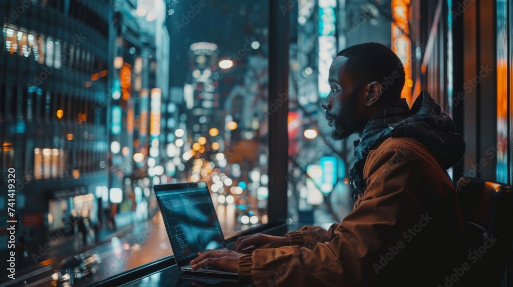 A person using laptop in green and eco office. Generative AI A person using laptop in green and eco office. Generative AI