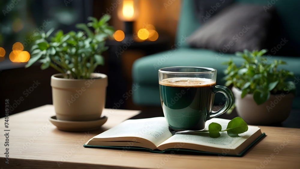 ,a cup of helf drank coffee placed on the center of coffee table, warm cup feelings , wood coffee table , opened book, small green plants ,a cup of helf drank coffee placed on the center of coffee table, warm cup feelings , wood coffee table , opened book, small green plants