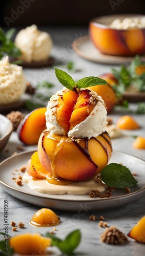  Grilled peach with vanilla ice cream crafted in molecular kitchen style