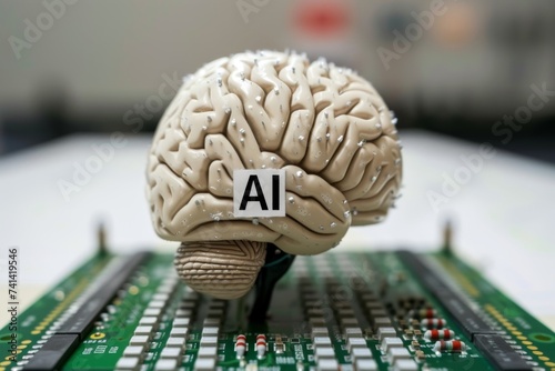 AI Brain Chip computational model. Artificial Intelligence scalability mind quantum parallelism axon. Semiconductor vga cable circuit board synaptic potentiation photo