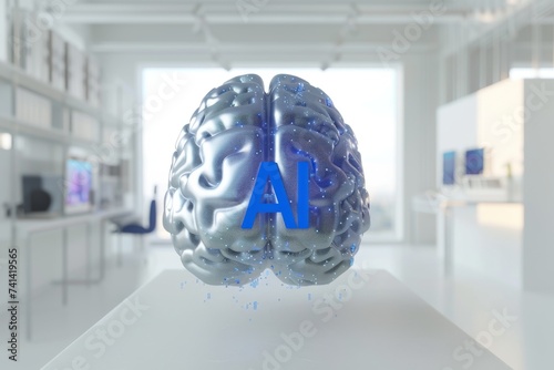 AI Brain Chip cognitive enhancement. Artificial Intelligence knuth morris pratt algorithm mind register axon. Semiconductor heat sink circuit board parietal lobe photo