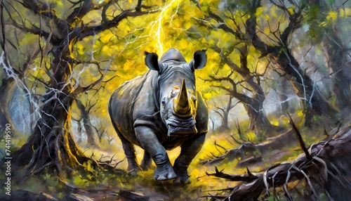 Stormborne Sentinel: Rhino Thundering through Twisted Timbe