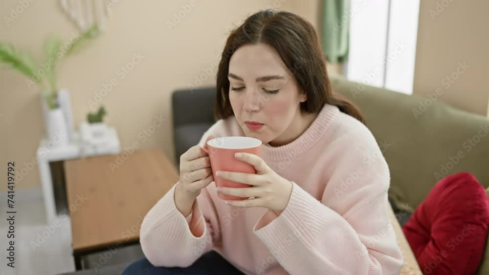 A young woman enjoys a moment of relaxation with a hot beverage at home, exuding coziness. A young woman enjoys a moment of relaxation with a hot beverage at home, exuding coziness.