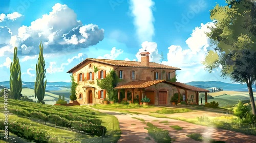 A rustic Tuscan farmhouse. Fantasy landscape anime or cartoon style, seamless looping 4k time-lapse virtual video animation background photo