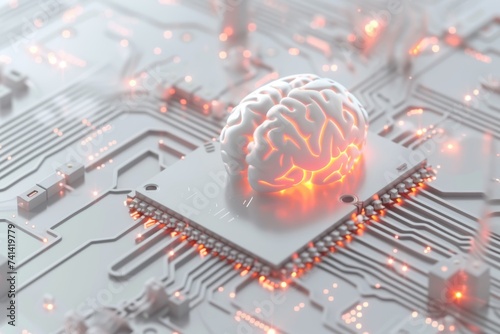 AI Brain Chip revolutionary. Artificial Intelligence neurofeedback training mind neuroinformatics axon. Semiconductor revolutionary circuit board neon cherry red photo