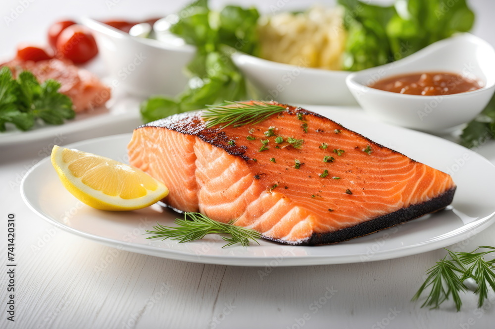 Perfectly Grilled Salmon Steak with Lemon on White Plate Perfectly Grilled Salmon Steak with Lemon on White Plate