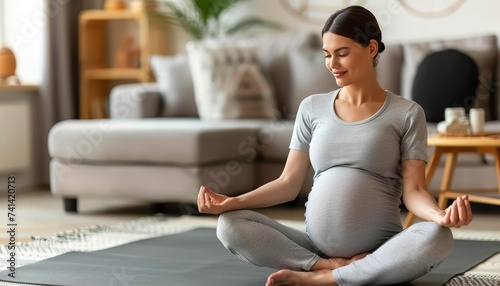 Pregnant woman sitting on yoga mat at home, relaxing peacefully, ideal for text placement.