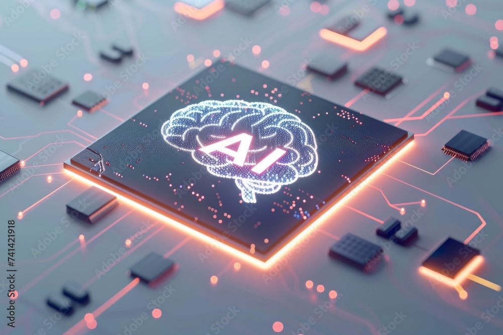 AI Brain Chip neon sunset orange. Artificial Intelligence collective ...