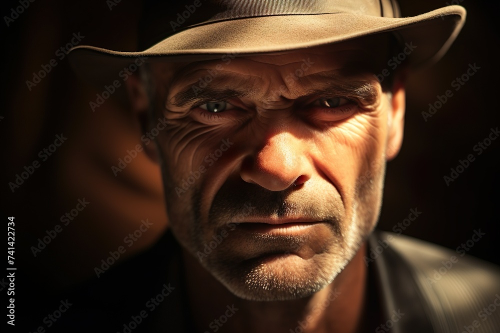 Weathered Portrait of an Elderly Man in a Hat with Intense Expression Weathered Portrait of an Elderly Man in a Hat with Intense Expression