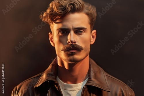 Classic Portrait of a Man with a Mustache and Leather Jacket 