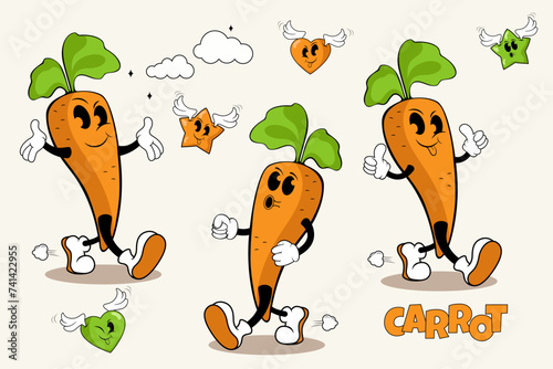 cartoon funny and cute carrot characters collection, in rubber hose style . set of different emotions.