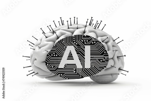 AI Brain Chip cloud networking. Artificial Intelligence forward looking mind circuit board design axon. Semiconductor cognitive interface device circuit board cdss photo