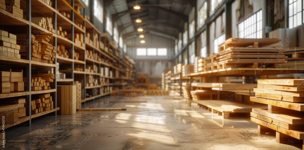 Sunlit Wooden Lumber Storage in a Spacious Industrial Warehouse