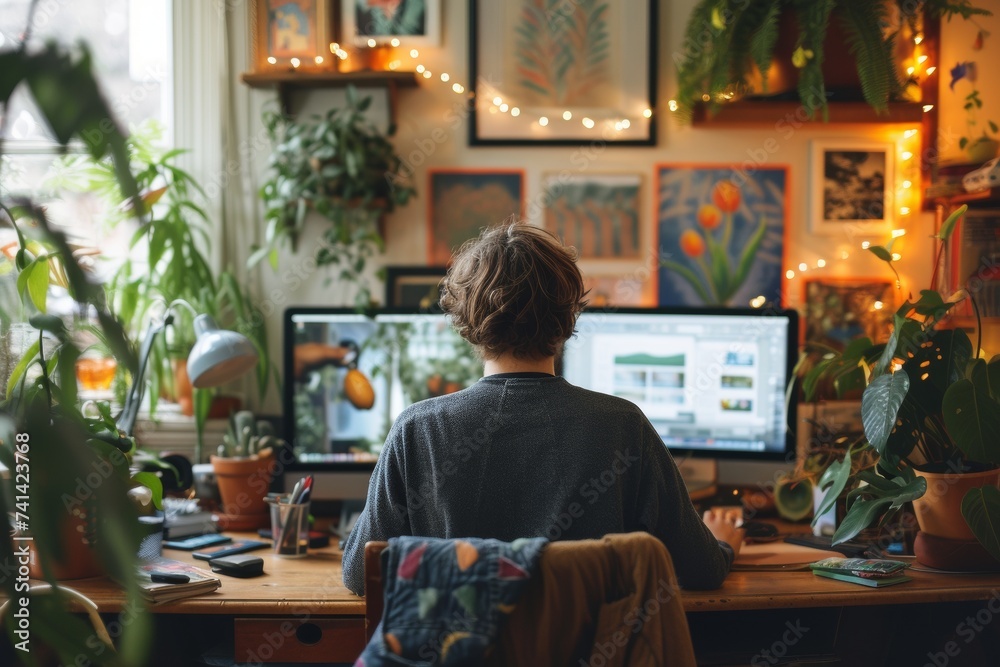 Graphic Designer Surrounded by Plants in a Cozy, Illuminated Workspace