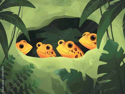 Whimsical Quartet of Colorful Frogs Peeking from Tree Hole in Vibrant Jungle, Cute & Expressive Amphibian Friends - Concept of Nature's Playfulness and Diversity photo