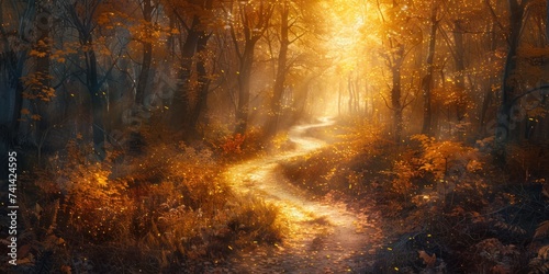 Winding through heart of lush forest serene pathway invites travelers into magic of springtime woodland vivid greens of new leaves blend harmoniously with last golden remnants of autumn
