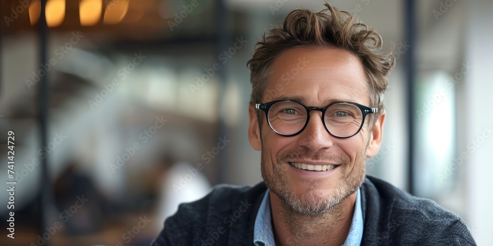 Captured in moment of sheer joy and accomplishment mature businessman with ageless charm stands proudly face lit up with radiant heartfelt smile that speaks volumes of journey to success - obrazy, fototapety, plakaty 