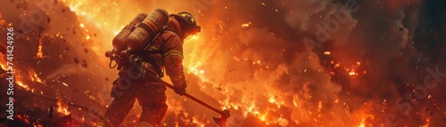 Firefighter in New York City during a heroic rescue with a fire axe action packed realism fiery red modern day amidst flames saving lives bravery in action photo