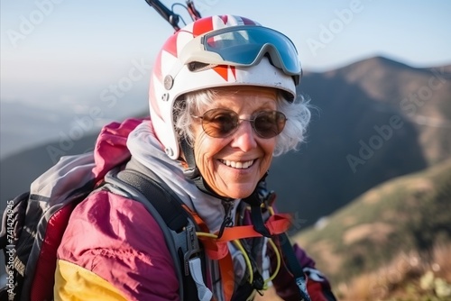 Portrait of a happy senior woman with helmet and goggles in mountains © Nerea