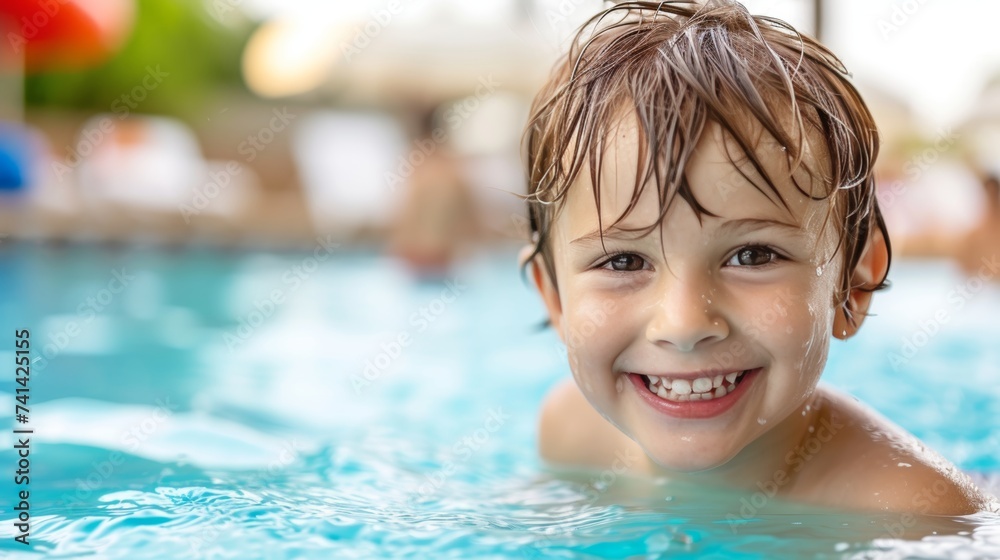 Skilled young boy swimmer confidently diving into pristine pool, perfect for text placement