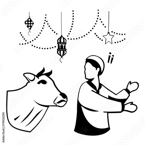 man runs away from an angry bull vector design, Eid al-Azha Eid ul Kabir Symbol Hajj Sign, Muslims religious Festival Stock illustration, naughty boy engage in running while cow is chasing him concept