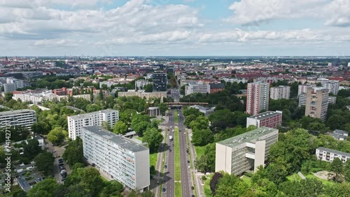 Aerial drone view of Hansaviertel in Berlin , Germany . The Hansaviertel is the smallest Ortsteil of Berlin and is between Großer Tiergarten and the Spree River, within the central Mitte borough of Be photo