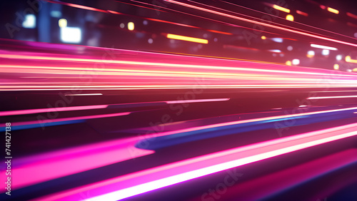 Neon background with a speeding car driving fast down the road generative ai photo