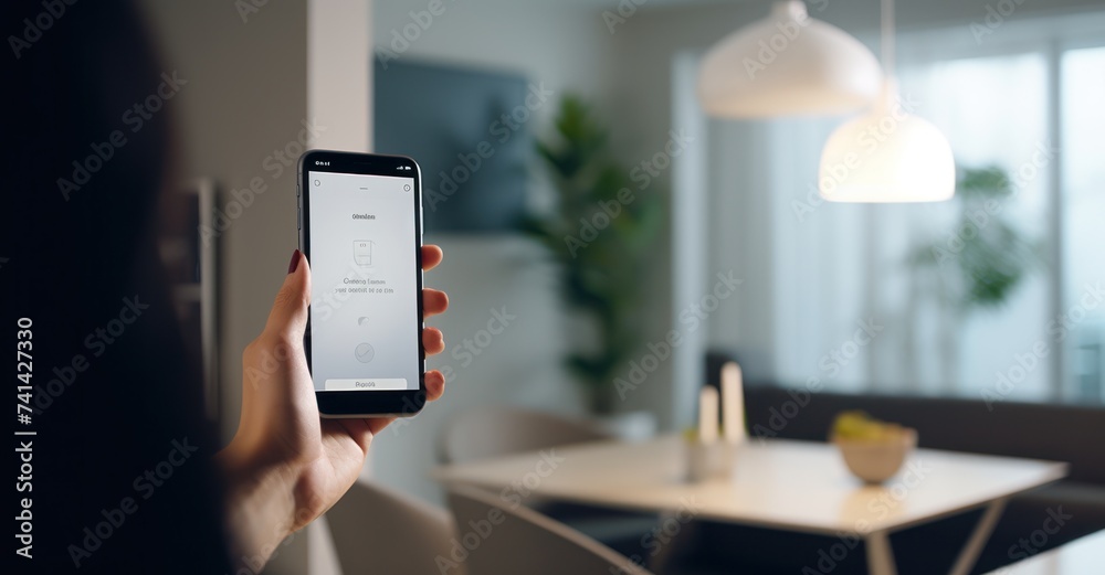 Person controlling home security devices, modern living room setting. Person controlling home security devices, modern living room setting.