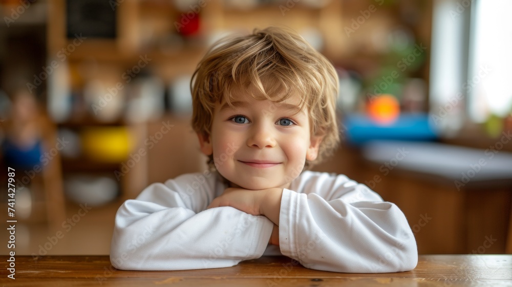 Joyful european boy practicing judo or karate, with copy space for text, looking at camera Joyful european boy practicing judo or karate, with copy space for text, looking at camera
