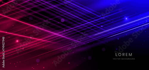 Abstract red and blue light diagonal lines  on black background with lighting effect and bokeh.