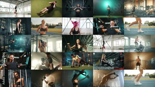 This video collage features an asynchronous array of fitness activities, with each distinct frame randomly transitioning every second to highlight a variety of individual workout moments. 