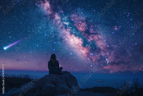 Under a starry sky. Astronomical observation and meditation under the night sky of the Milky Way and shooting stars. Concept about celestial bodies and mysteries of the universe.