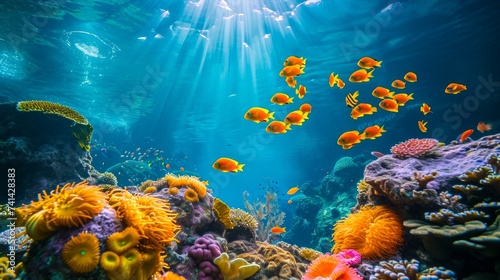 School of vibrant fish over a multicolored coral reef. Concept of oceanic life, reef ecosystems, and marine biology studies